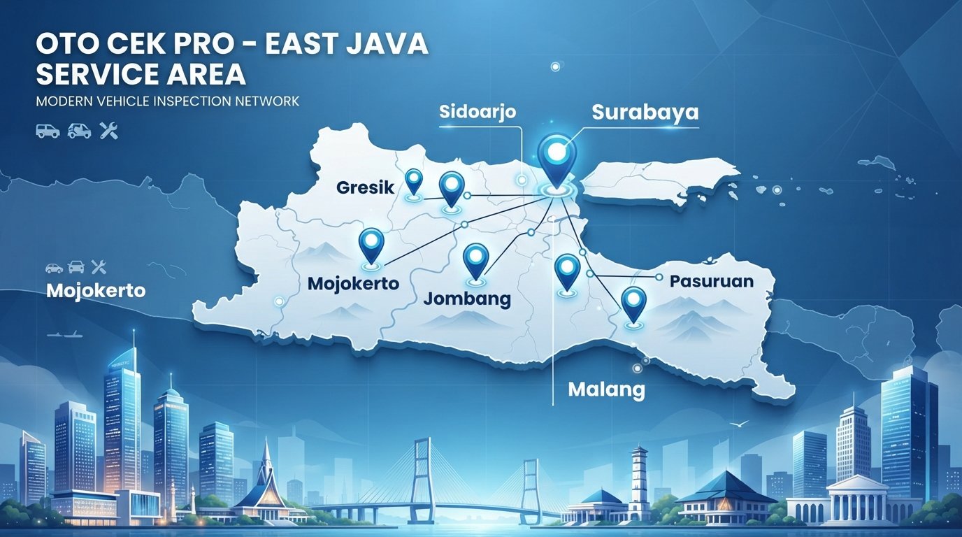 Area layanan jasa inspeksi mobil bekas Oto Cek Pro di Jawa Timur